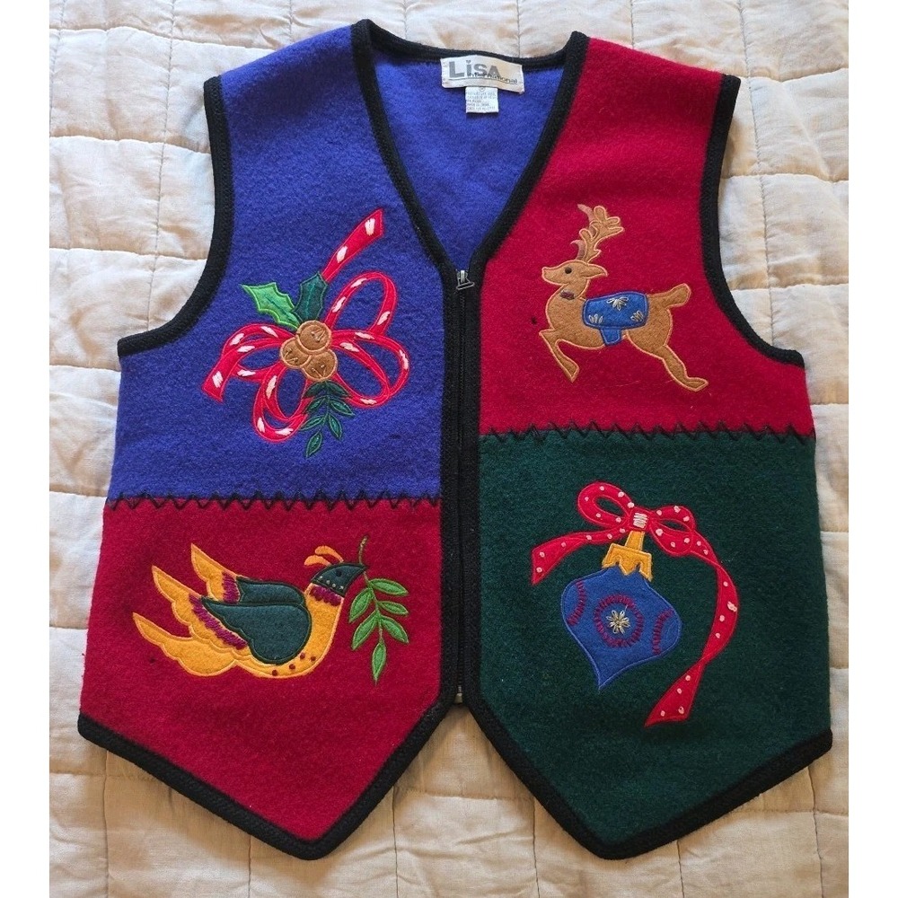 Vintage Lisa International Vest Womens Medium 100% Boiled Wool Christmas Holiday